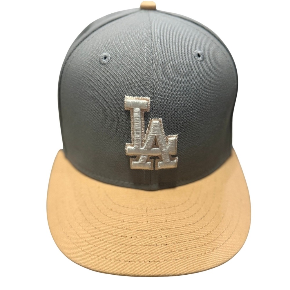 New Era 59FIFTY Los Angeles Dodgers Fitted Hat 7 1/8 Grey Tan‎ Purple Underbrim